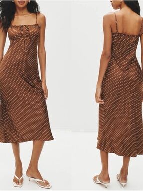 Ciao Lucia Hello Sunshine Leo Siena Brown Polka Dow Midi Slip Dress Size L